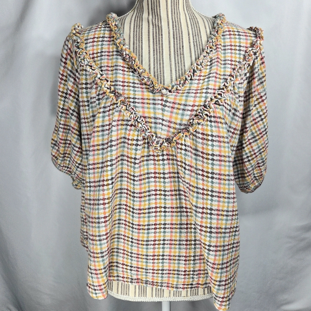 Old Navy White & Multi Plaid Puff Sleeve w/Ruffle Accent V Neck Top Size Medium